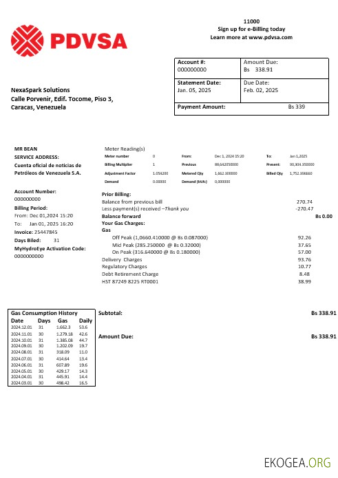 Modèle de facture de services publics pour les entreprises de gaz PDVSA Venezuela aux formats Word et PDF
